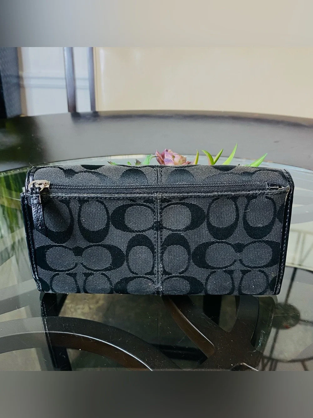 Coach Soho Black Signature Jacquard Pleated Wallet Checkbook Patent Trim Vintage